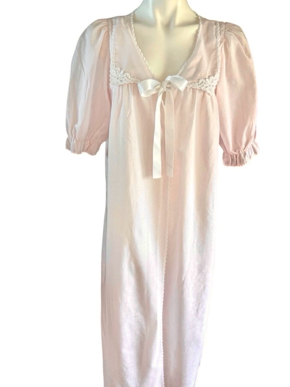 Carriage Court Vintage Pink Cotton Bed Jacket Lace Trim Ribbon Bow Puff Sleeve S